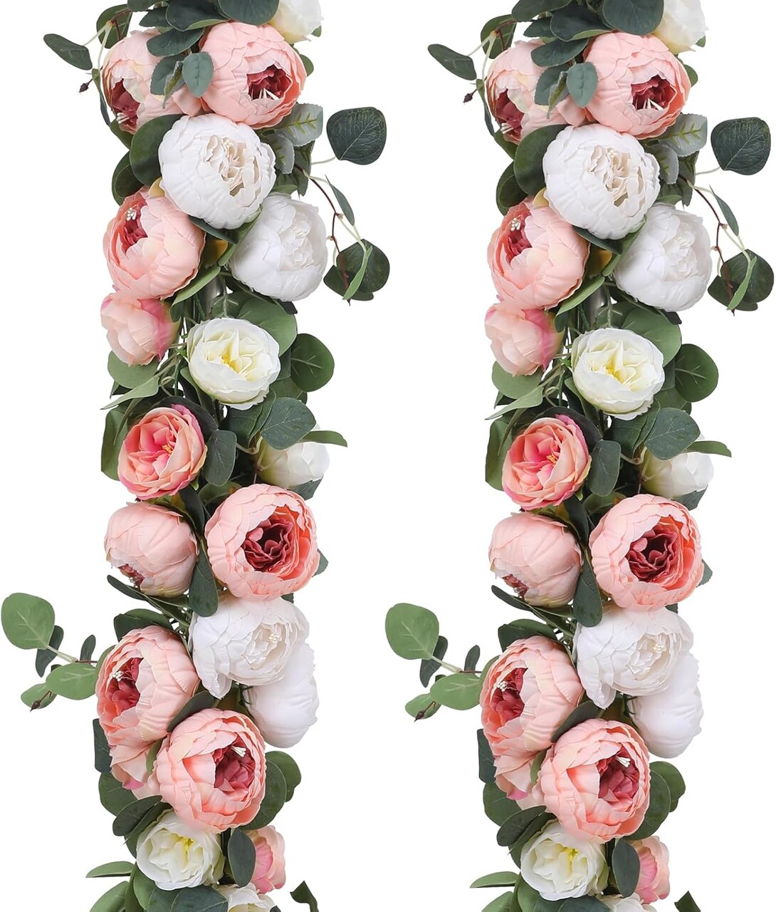 2 Pack Artificial Flower Garlands 11.2FT Eucalyptus Garlands with Flowers 8 Head Peony Flower Vine Faux Floral Garland for Wedding Arch Table Wall Backdrop Wreath Decoration. (Pink & White)